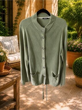 Olsen Knit Cardigan Jacket Sage Grey Ring Closures Drawstring Hem Size L/14